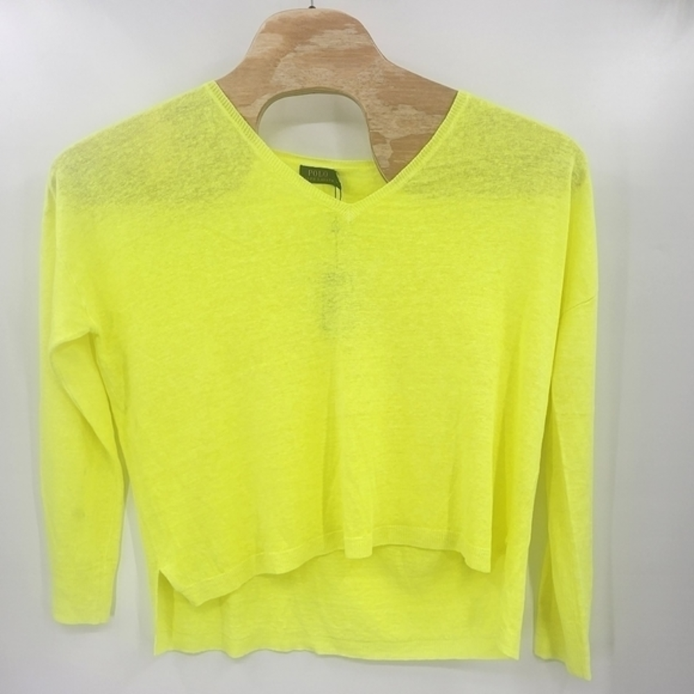 POLO RALPH LAUREN WOMENS 100% LINEN LIGHTWEIGHT SWEATER VNECK LEMON NWT H150.‎